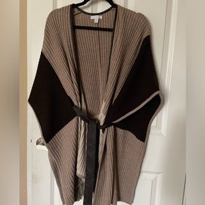 New York & Co color block knit wrap poncho w/ faux leather belt and trim
